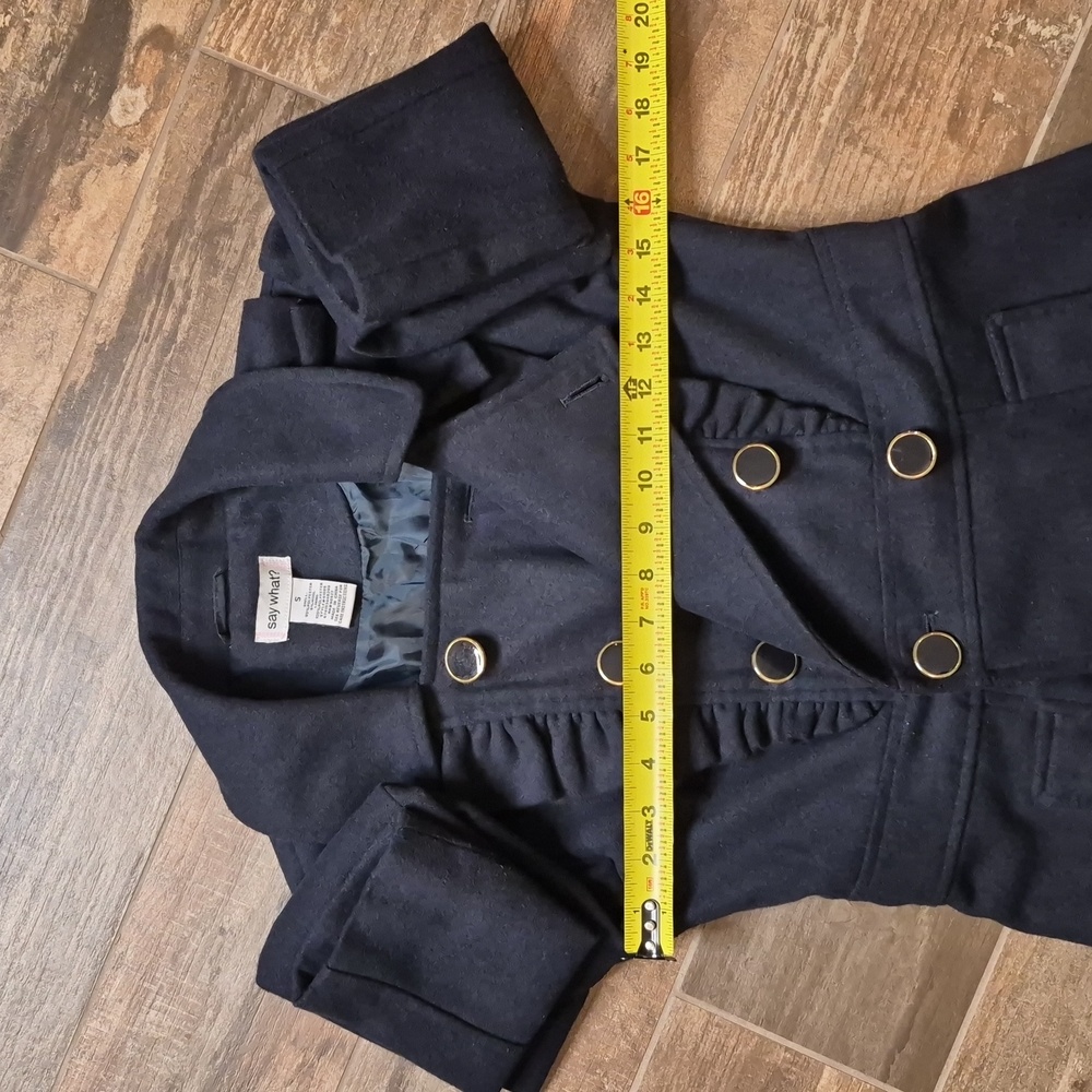 Say What? Navy Blue Ruffle Detail Puff Sleeve Wool Blend Lined Midi Coat, XS - Picture 5 of 11